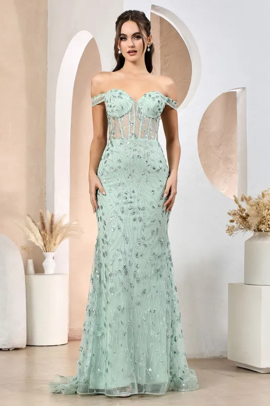 Adora Design 3198 Off Shoulder Fitted Sequin Print Prom Dress made by Alberto Nardoni