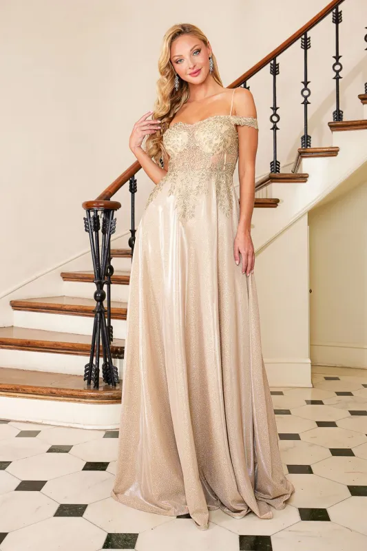 Adora Design 3097 Off Shoulder A-Line Glitter Applique Prom Dress made by Alberto Nardoni