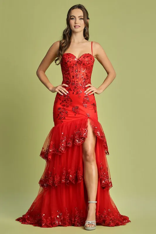 Adora Design 3221 Tiered Glitter Tulle Applique Slit Prom Gown made by Alberto Nardoni