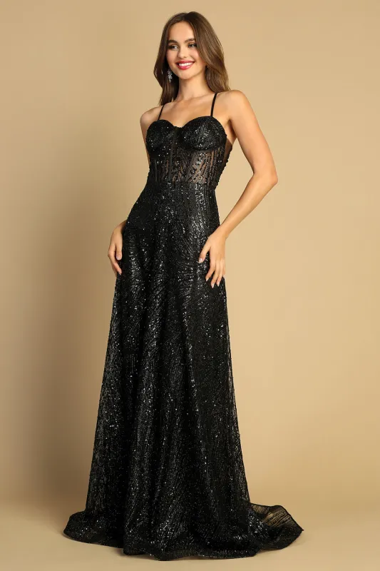 Adora Design 3167 Glitter Print Lace Corset A-Line Prom Gown made by Alberto Nardoni