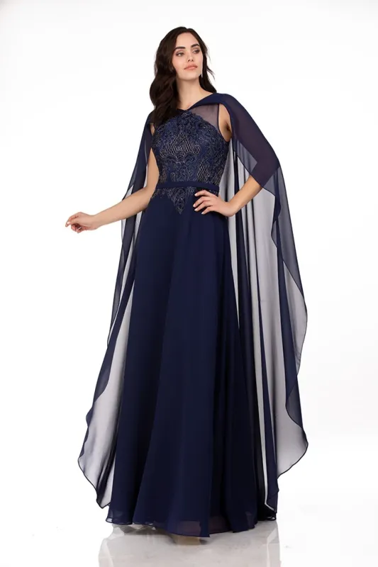 Abby Paris 96067 Lace Cape Gown with Flowing A-line Skirt made by Alberto Nardoni