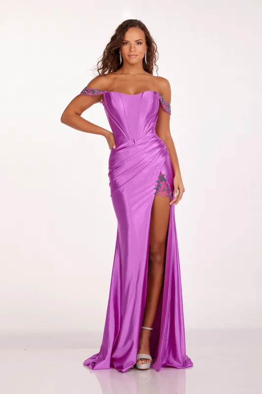 Abby Paris 90206 Off Shoulder Corset Slit Evening Gown made by Alberto Nardoni
