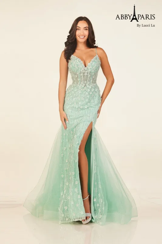 Abby Paris 90334 Beaded Fitted V-Neck Slit Evening Gown made by Alberto Nardoni