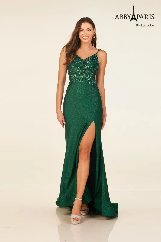 Abby Paris 90314 Sequin Applique V-Neck Slit Evening Gown made by Alberto Nardoni