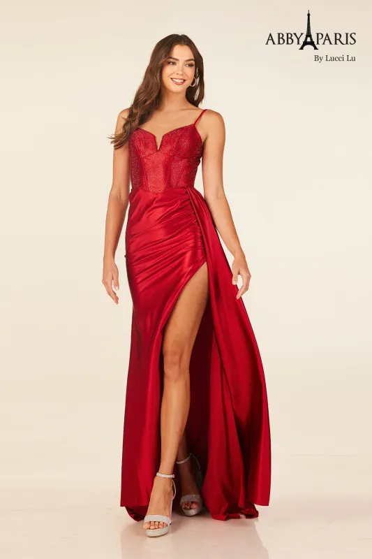 Abby Paris 90302 Heat Stone Corset Slit Evening Gown made by Alberto Nardoni