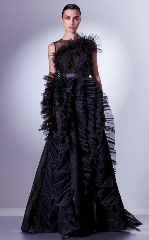 MNM Couture Gaby Charbachy G1305 Black Tulle A-Line Evening Gown made by MNM Couture