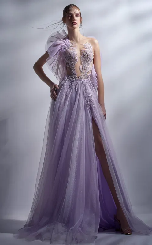 Gaby Charbachy G1284 Lilac Asymmetrical Glitter A-Line Gown by MNM Couture made by MNM Couture