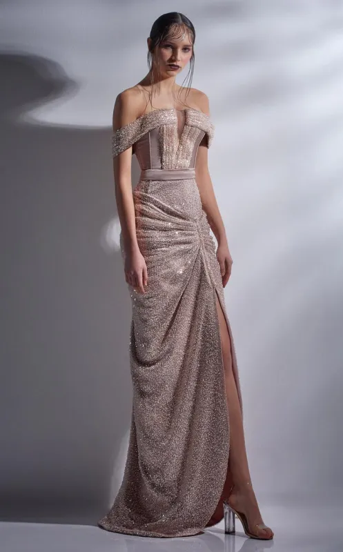 Gaby Charbachy G1290 Short Sleeve Glitter Column Gown by MNM Couture made by MNM Couture