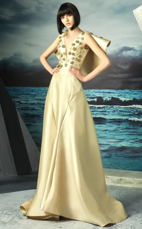 Gaby Charbachy G0825 Gold Beaded 3D Applique Evening Gown by MNM Couture made by MNM Couture