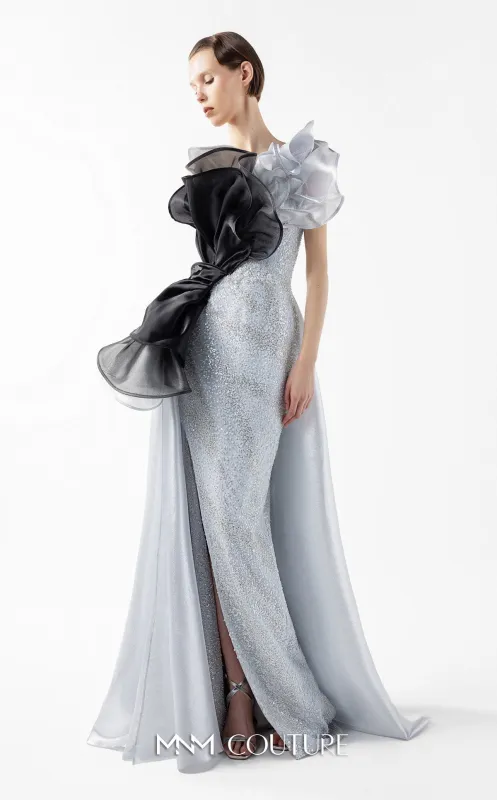 Gaby Charbachy G2042 Silver Off-Shoulder Open Back High Slit Couture Gown by MNM Couture made by MNM Couture