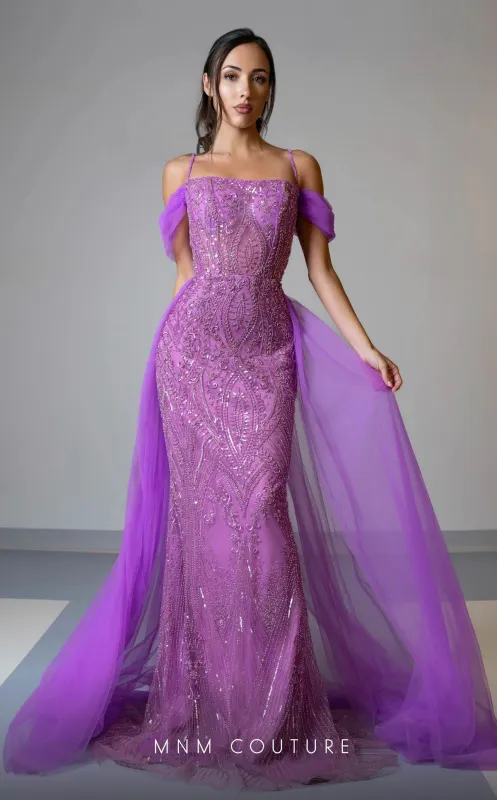 MNM Couture M1047 Embroidered Purple Tulle Gown with Off-Shoulder Sleeves made by MNM Couture