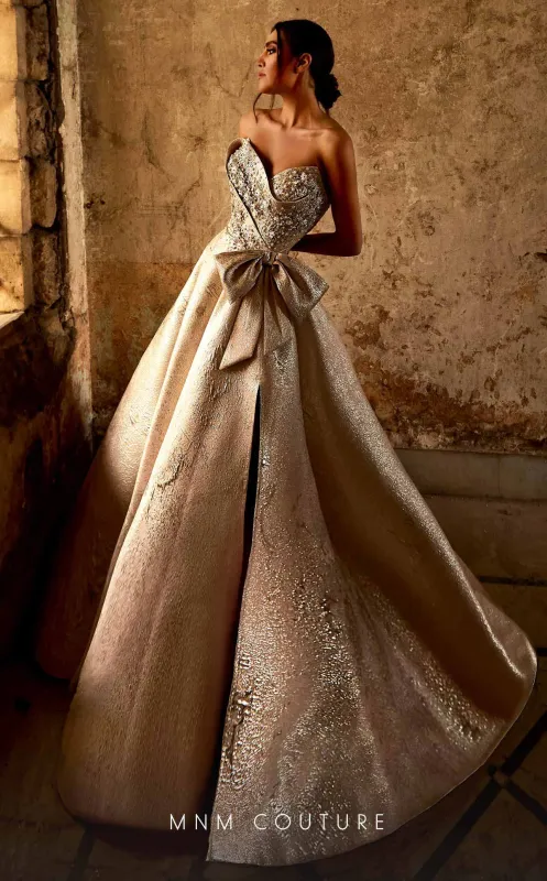 Strapless Blush Brocade Gown with Side Slit by MNM Couture made by MNM Couture