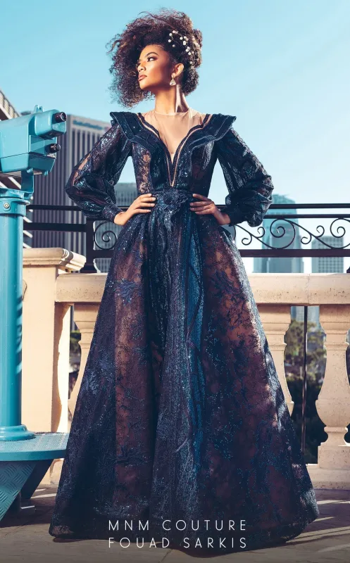 MNM Couture 2522 Navy Blue Sequin Ball Gown with Sheer Sleeves made by MNM Couture