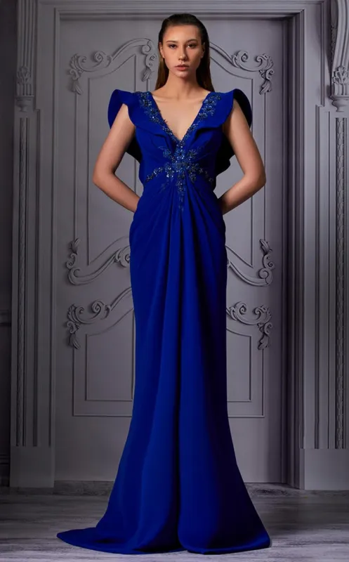 MNM Couture K3844 Royal Blue V-Neck Column Gown made by MNM Couture