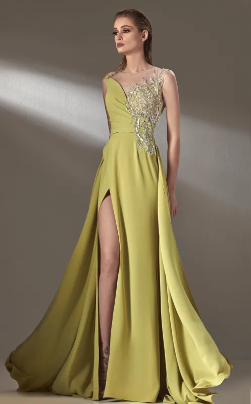 MNM Couture K3903 Yellow Sleeveless Illusion Bateau Gown made by MNM Couture