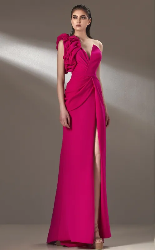 MNM Couture K3904 Red Asymmetrical A-Line Gown with Puffed Shoulder made by MNM Couture
