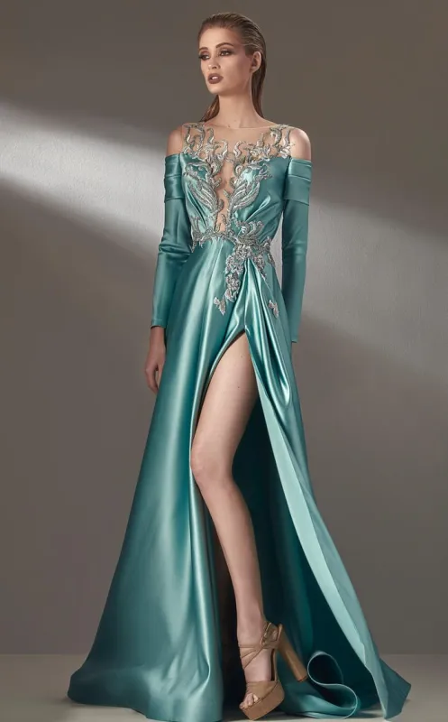 MNM Couture K3886 Aqua Illusion Bateau Gown with Slit made by MNM Couture
