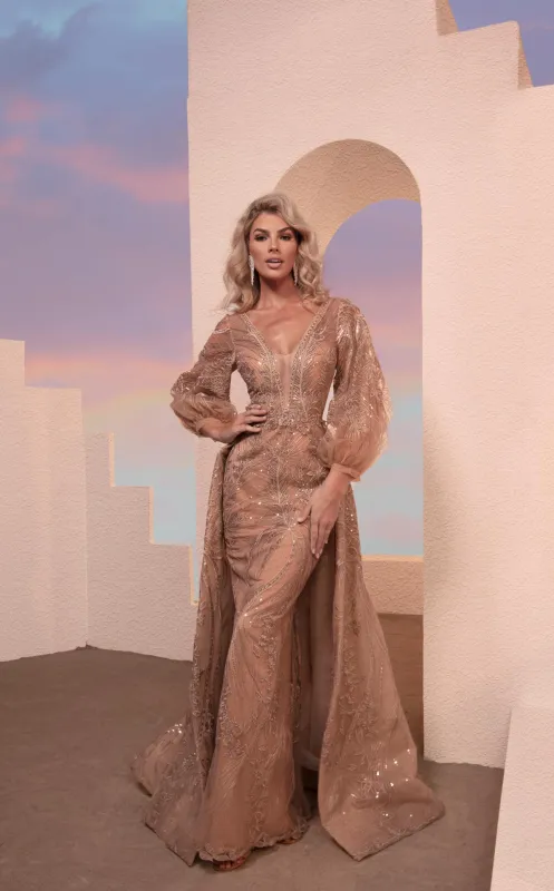 MNM Couture M0099 Beige Embroidered Long Sleeve Evening Gown made by MNM Couture