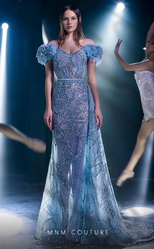 MNM Couture K3963 Blue Off-Shoulder Floral Sleeve Gown made by MNM Couture