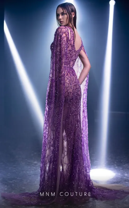 MNM Couture K3965 Sheer Beaded Cape Evening Gown in Purple made by MNM Couture