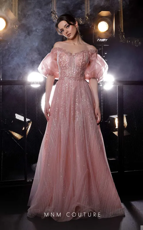 MNM Couture K3971 Pink Off-Shoulder Puff Sleeve Gown made by MNM Couture