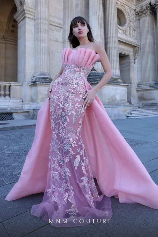 MNM Couture K4023 Strapless Pink Gown with Embellished Overskirt made by MNM Couture