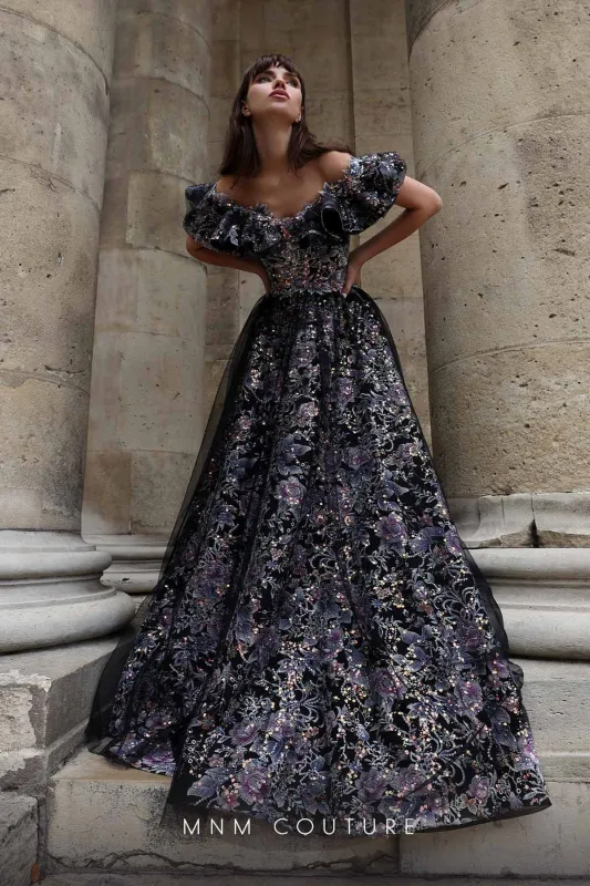 MNM Couture K4018 Black Off-Shoulder Sequin Ball Gown made by MNM Couture