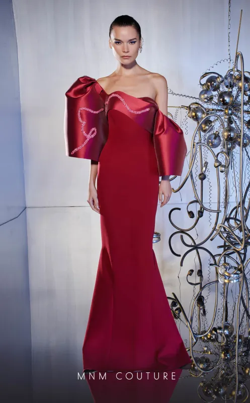 MNM Couture E0030 Strapless Blue Gown with Sculpted Sleeve made by MNM Couture