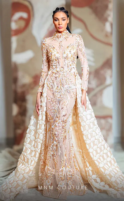 MNM Couture K4149 High-Neck Embellished Sheer Gown in Beige made by MNM Couture