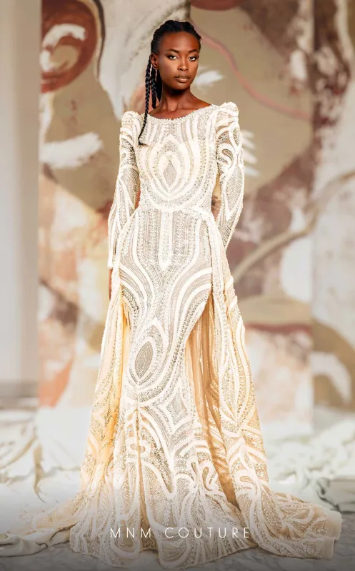 MNM Couture K4148 Champagne Long-Sleeve Gown made by MNM Couture