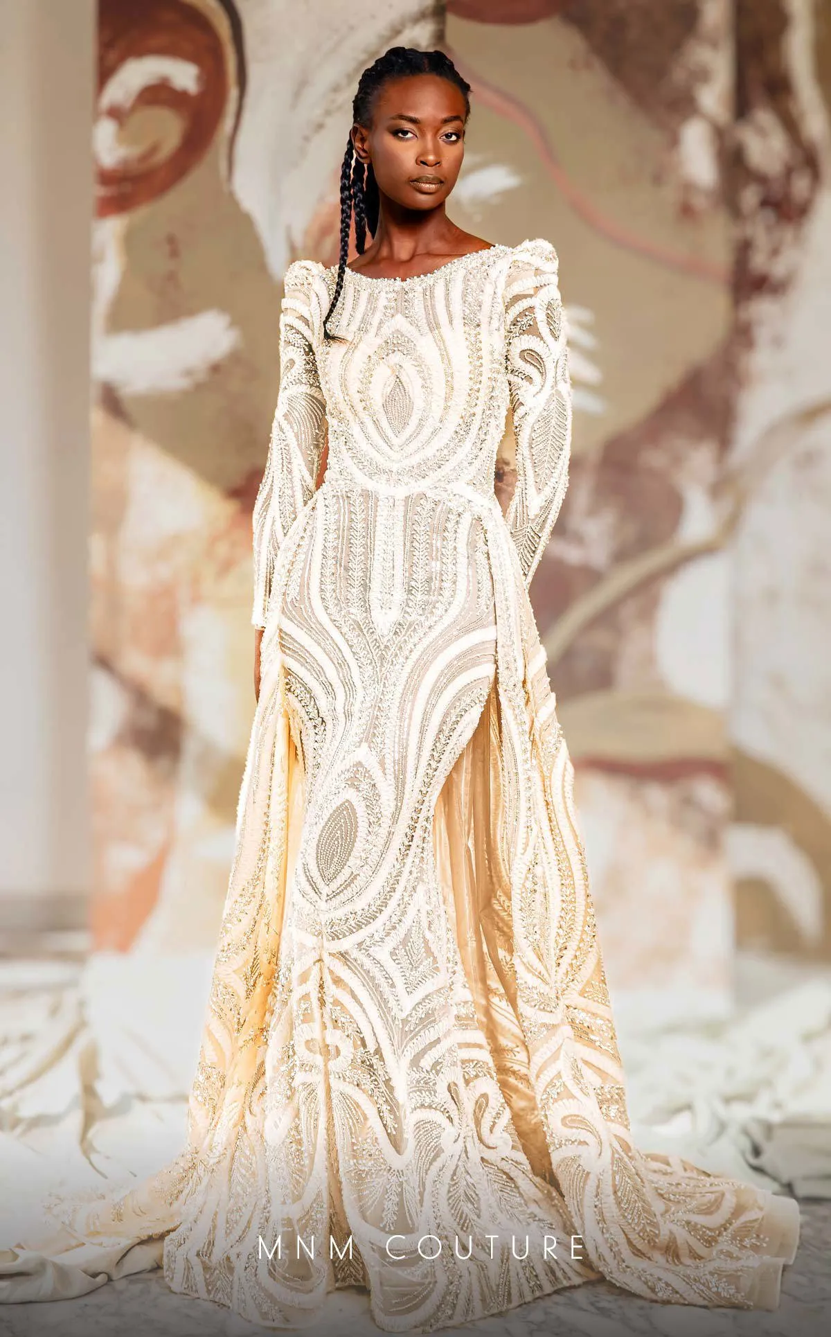 MNM Couture K4148 Champagne Long-Sleeve Gown sold by Alberto Nardoni