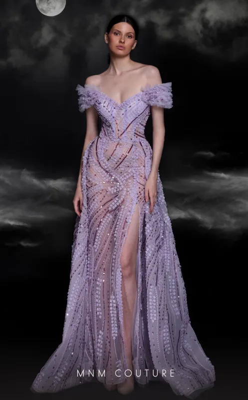 MNM Couture K4120 Off-Shoulder Lilac Beaded Gown made by MNM Couture