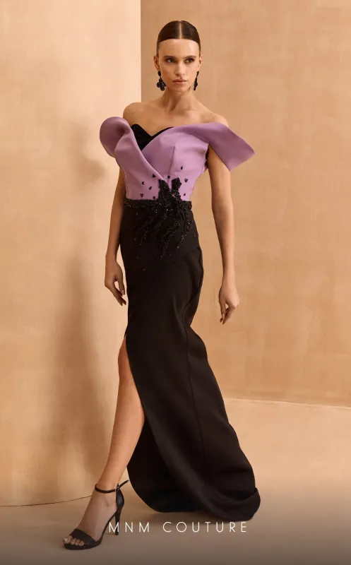 MNM Couture V07428: Off-Shoulder Gown with Sculpted Bodice in Black-Purple made by MNM Couture
