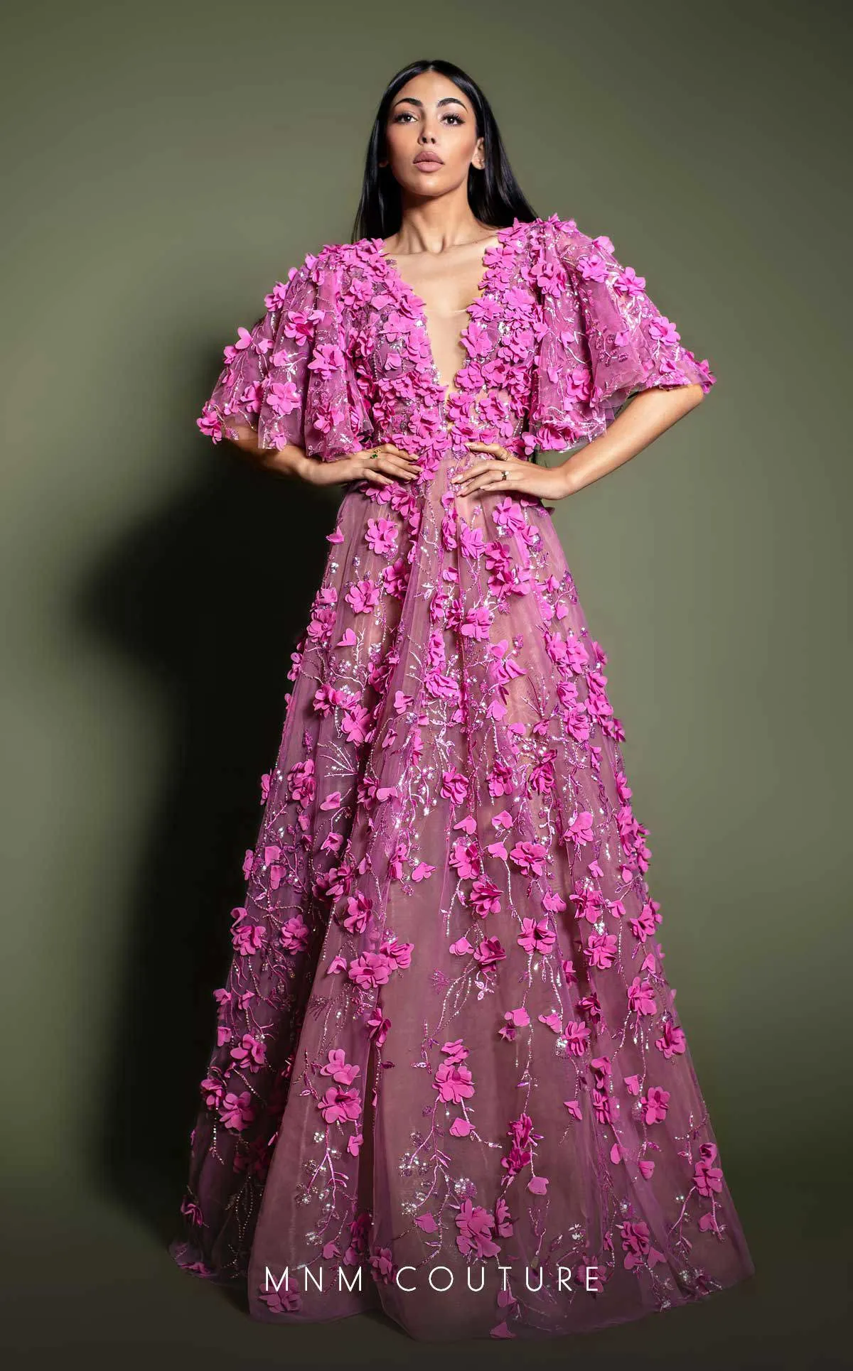 MNM Couture K4198 Fuchsia Floral Appliqué Gown sold by Alberto Nardoni