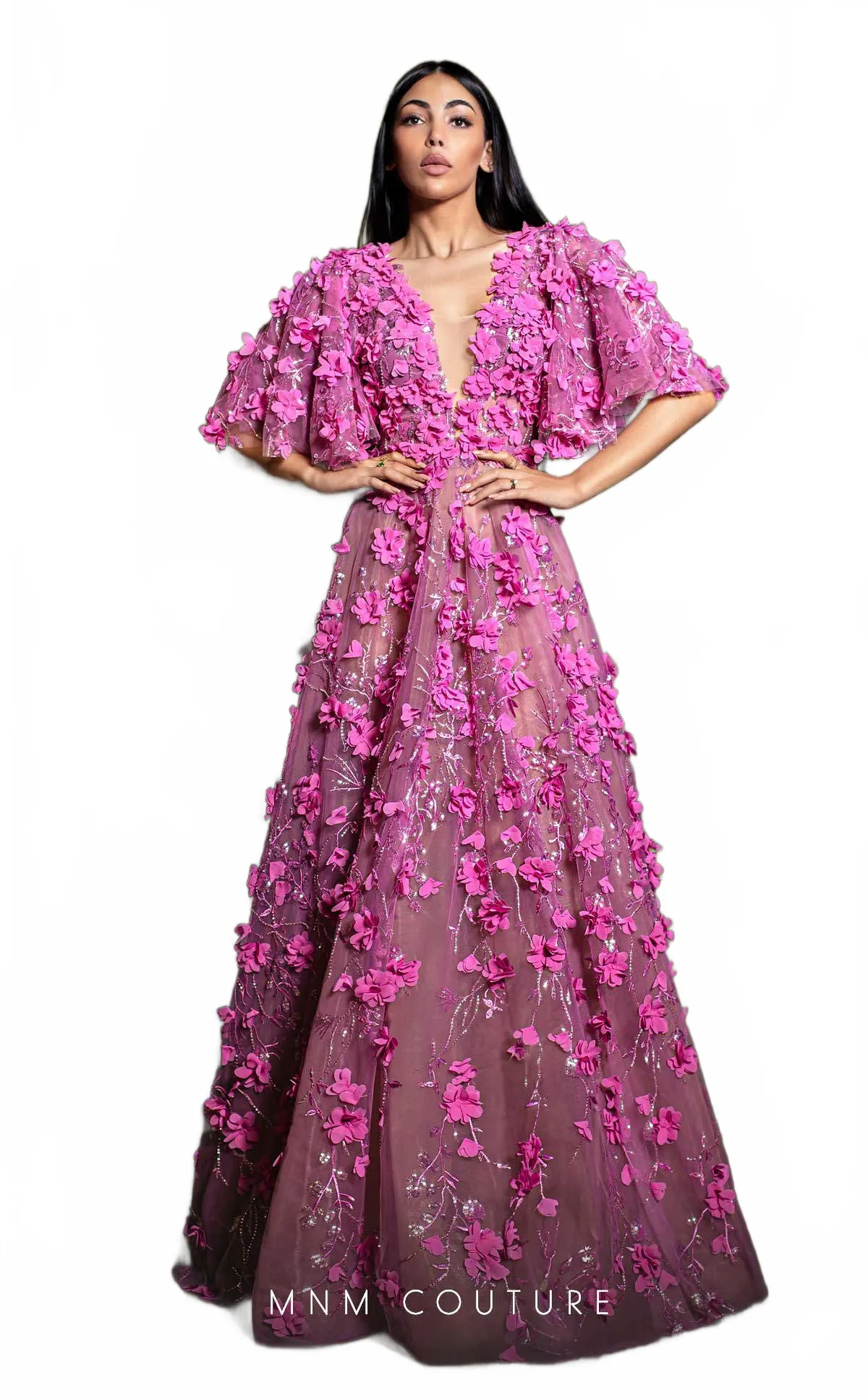 MNM Couture K4198 Fuchsia Floral Appliqué Gown sold by Alberto Nardoni product image thumbnail 3