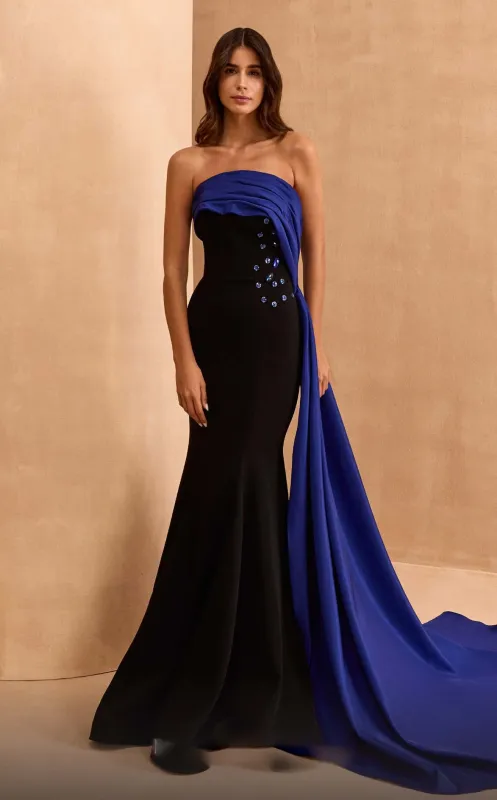 MNM Couture V07378 Strapless Black/Fuchsia Gown with Dramatic Overlay made by MNM Couture