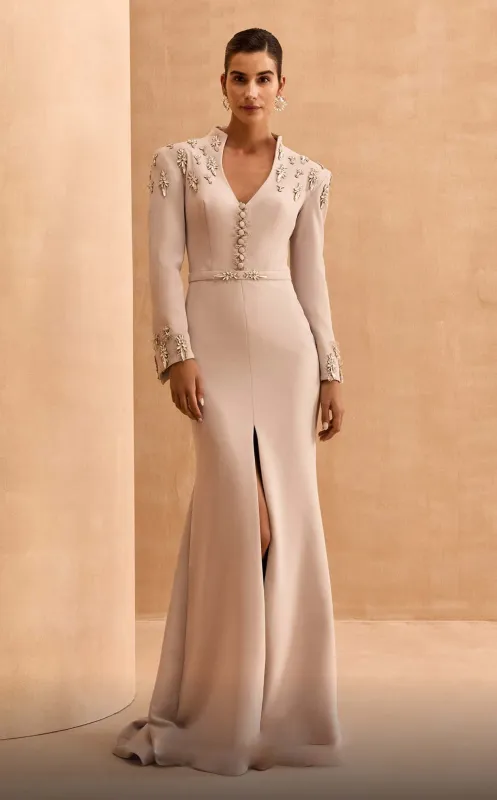 MNM Couture V02030 Beige Long-Sleeve Embellished Gown with Slit made by MNM Couture