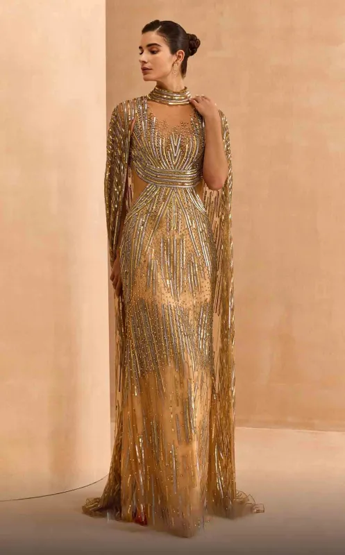 MNM Couture M1145 Embellished Sheer Cape Sleeve Gown – Black made by MNM Couture