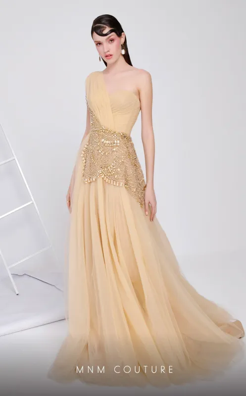 MNM Couture B1110 Golden One-Shoulder Embellished Gown made by MNM Couture
