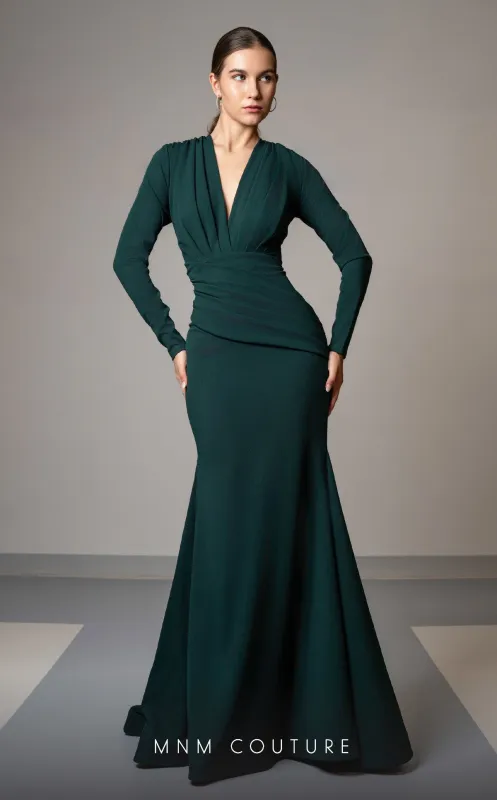 MNM Couture L0002F Royal Blue Long Sleeve V-Neck Gown made by MNM Couture