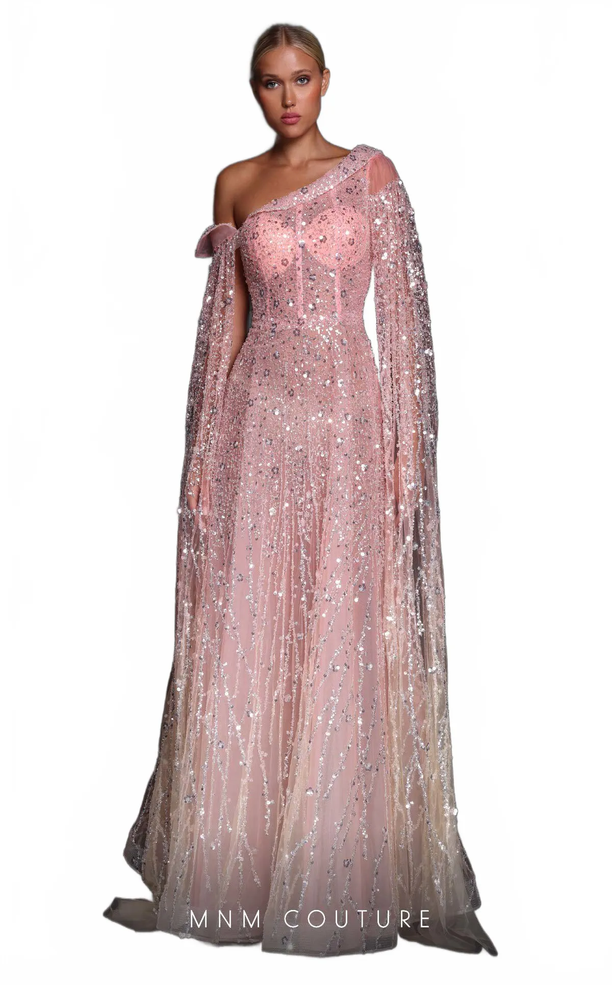 MNM Couture K4107 Salmon Asymmetric Gown with Cape Sleeves sold by Alberto Nardoni product image thumbnail 5