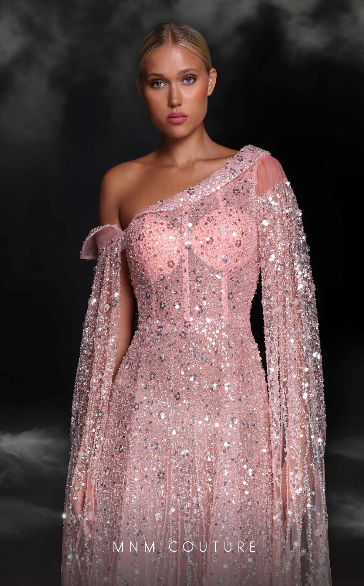 MNM Couture K4107 Salmon Asymmetric Gown with Cape Sleeves sold by Alberto Nardoni product image thumbnail 3