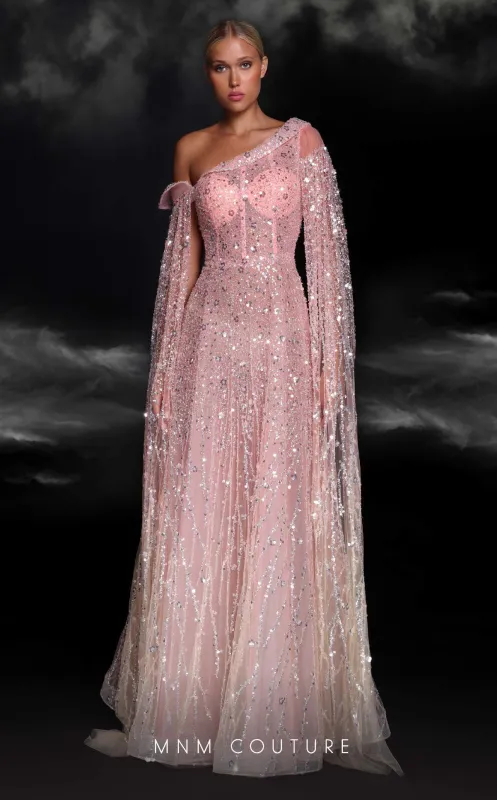 MNM Couture K4107 Salmon Asymmetric Gown with Cape Sleeves made by MNM Couture
