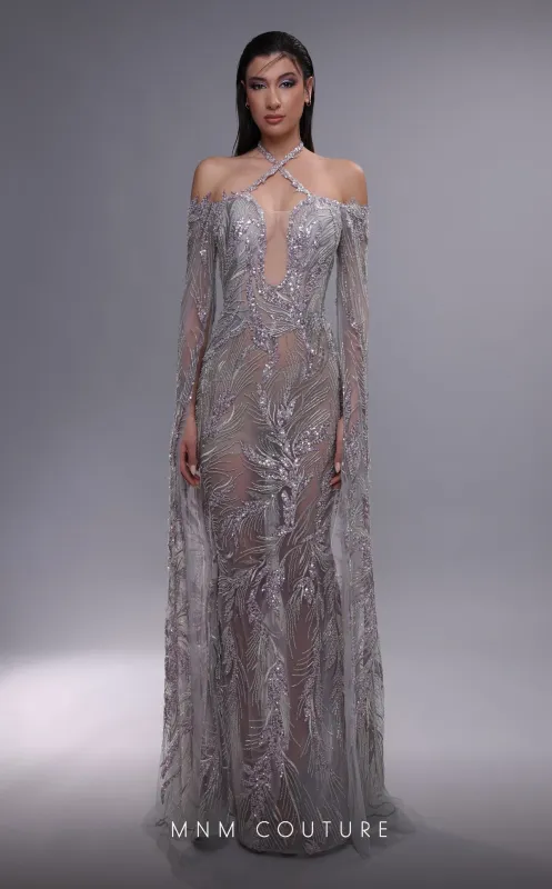 MNM Couture K4090 Grey Plunging Beaded Gown made by MNM Couture
