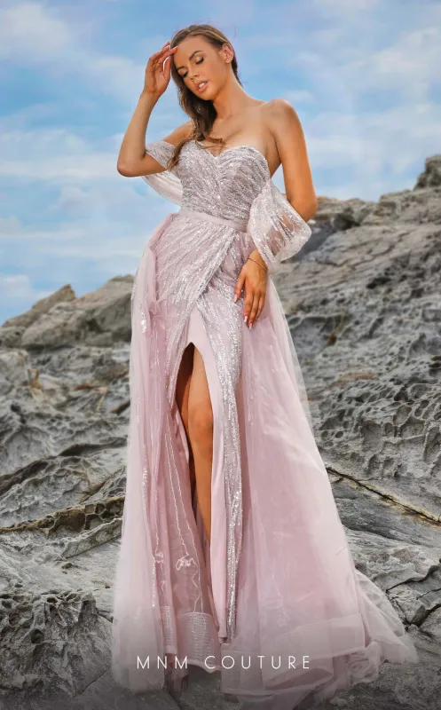 MNM Couture M1058 Cap Sleeve Embroidered Gown with Detachable Skirt in Pink made by MNM Couture