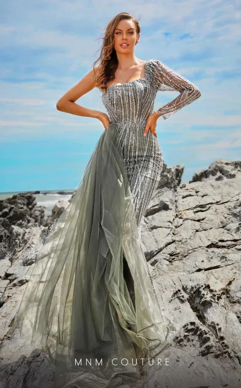 MNM Couture M1053 Asymmetric Purple Embroidered Mesh Gown made by MNM Couture