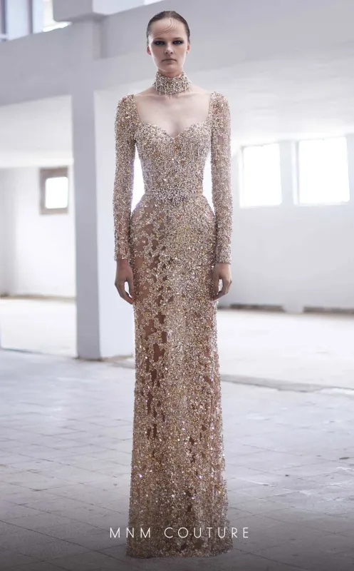 MNM Couture M1017 Embroidered Gold Tulle Evening Gown made by MNM Couture