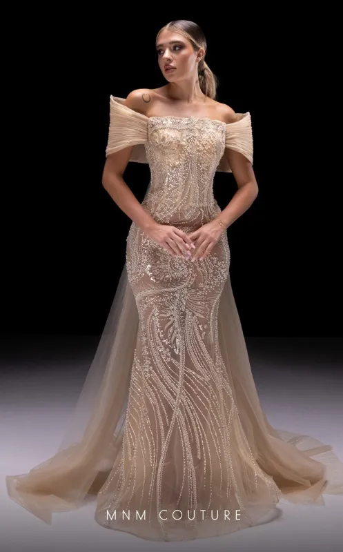 MNM Couture K4246 Off-Shoulder Beige Evening Gown made by MNM Couture