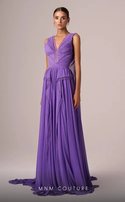 MNM Couture E0086 Purple Gown with V-Neck and Shoulder Trains made by MNM Couture