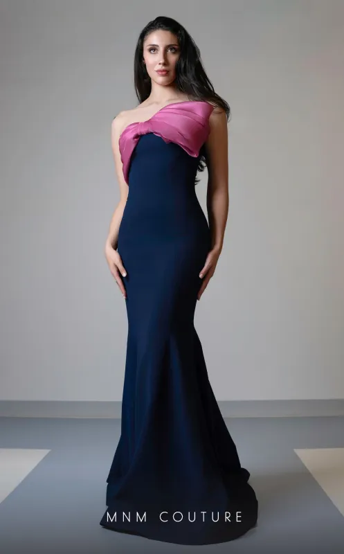 MNM Couture V07514 Navy/Pink Sleeveless Mermaid Gown with Organza Bow made by MNM Couture